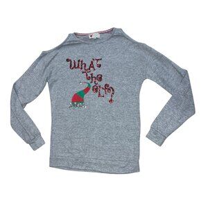 Poof 'What the Elf' Sweater JUNIORS Size Large Ugly Party Holiday Christmas Gray